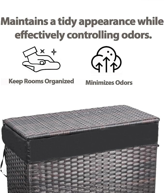 Laundry Hamper Wicker With Lid and Wheels, Collapsible Rattan Clothes Hamper 29 Gal (110 L) Removable Linerdouble Laundry Basket Handwoven for Clothes Storage in Bedroom(Brown)
