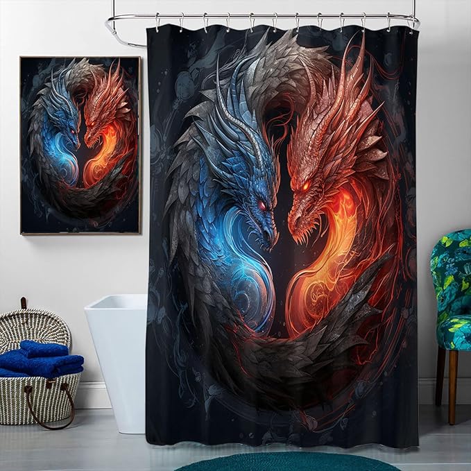 4 Pcs Dragon Shower Curtain Set with Rug, Toilet Lid Cover and Bath Mat, Abstract Magic Animal Fire and Ice Dragon Bathroom Decor Sets Accessories with 12 Hooks