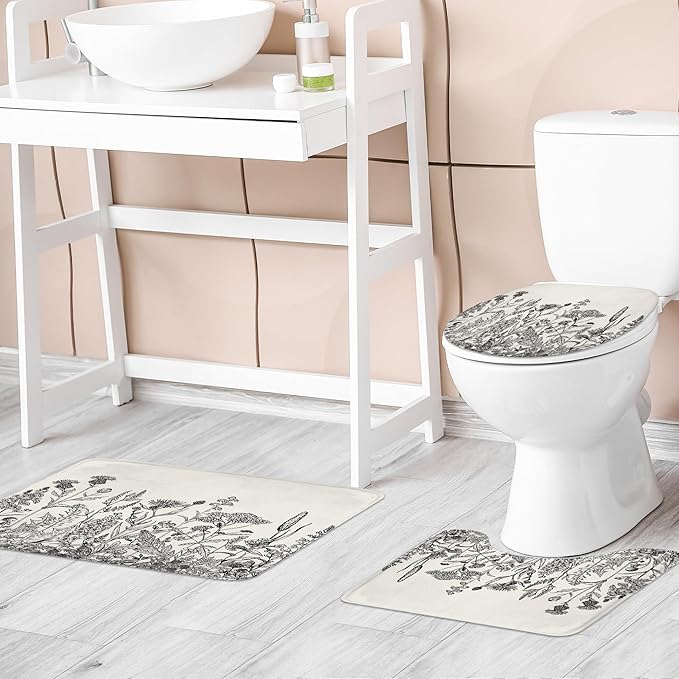 Riyidecor Black Grey Floral Wildflower 4Pcs Bathroom Shower Curtain Sets Botanical Rustic Leaves Bathroom Decor Set with Rugs and Accessories Vintage Toilet Lid Rug, Contour and Bath Mat with 12 Hooks