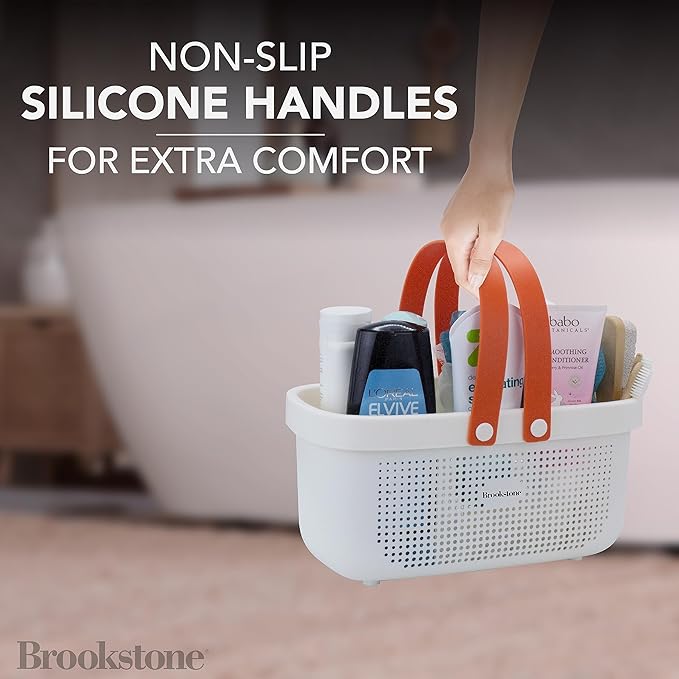 Brookstone Modern Large Portable Shower Caddy with Soft Silicone Carrying Handle, Bathroom Organizer Basket, Plastic Bath Tote and Shower Organizer, Quick Dry Drainage Holes, BPA Free, White