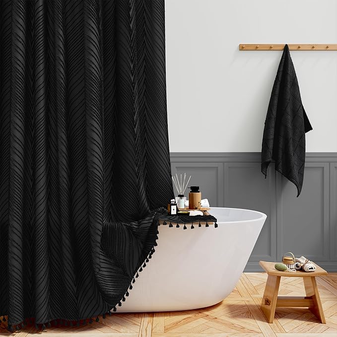 BTTN Stall Farmhouse Shower Curtain, 54x78 Tufted Leaves Textured Striped Tassel Shower Curtain Set with 10 Plastic Hook, Boho Country Minimalist Shabby Chic Fabric Shower Curtains for bathroom, Black