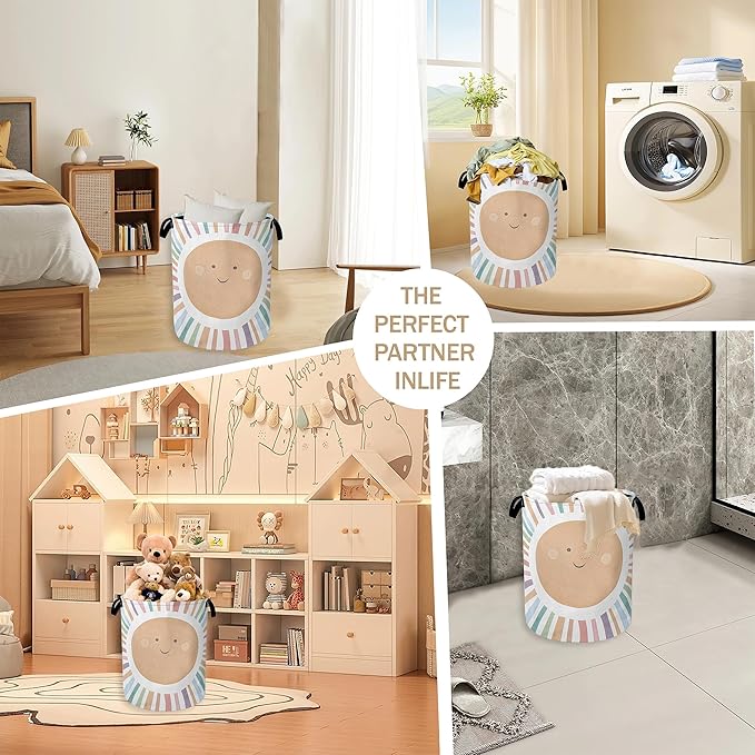 Collapsible Laundry Basket,Colorful Boho Sunshine Dirty Clothes Hamper,Cute Cartoon Sun Hampers for Bedroom Waterproof Oxford Cloth Storage Organizer for Bathroom,Nursery,Dorm,16x20 Inch
