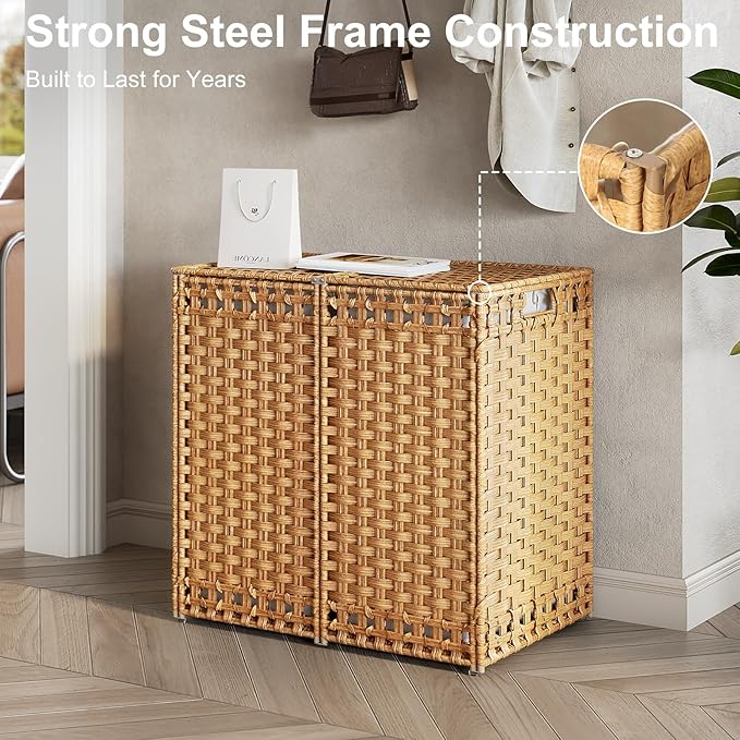 130L Foldable Laundry Hamper with Lid - Handwoven Rattan Storage Basket, 2-Section Clothes Hamper w/2 Removable Liner Bags, Easy Assembly, Portable for Bedroom Bathroom Dorm,Natural