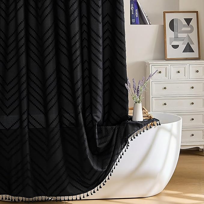 Stall Boho Shower Curtain Black Tassel Woven Fabric Shower Curtain 54 x 72 Modern Farmhouse Textured Tufted Chevron Striped Minimalist Bathroom Shower Curtain