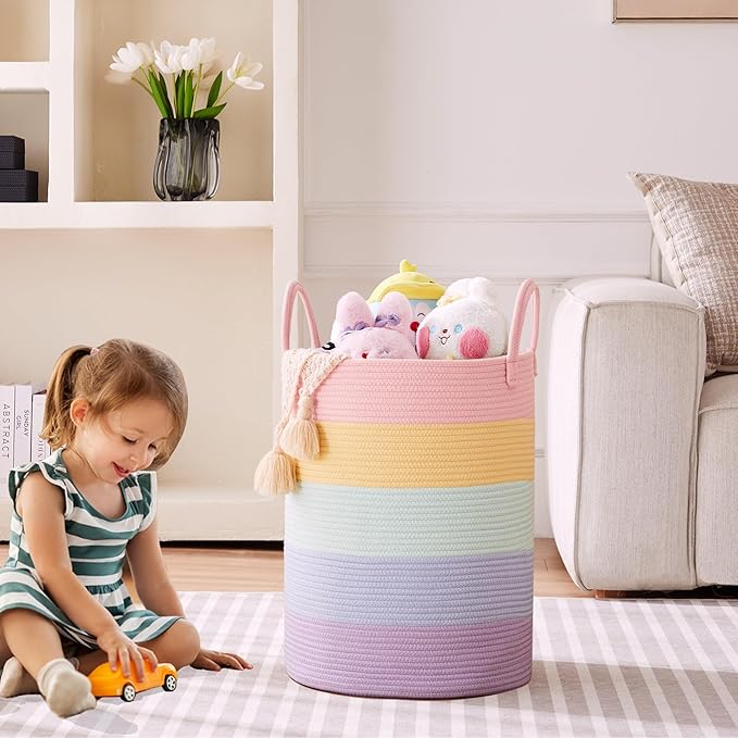 15Dx20H inches Baby Girls Kids Hamper Rainbow Laundry Basket for Nursery Clothes Pastel Unicorn Woven Hamper in Playroom Bedroom 60L Large Tall Blanket Basket
