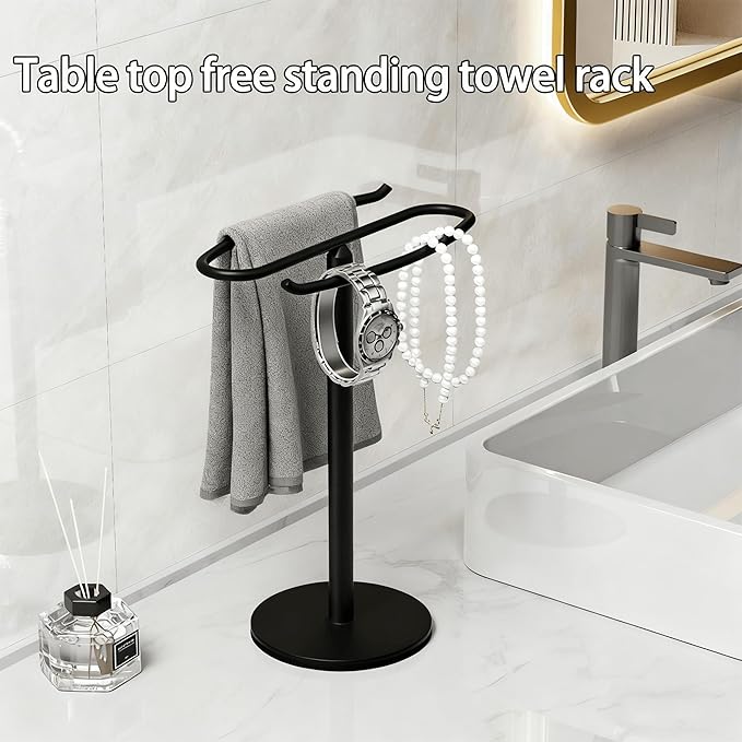 13-inch Black Stainless Steel Freestanding Towel Rack Pole with Dual-Bracket Towel Ring and Hand Towel Holder Bathroom Sink, Kitchen Counter Towel Hardware