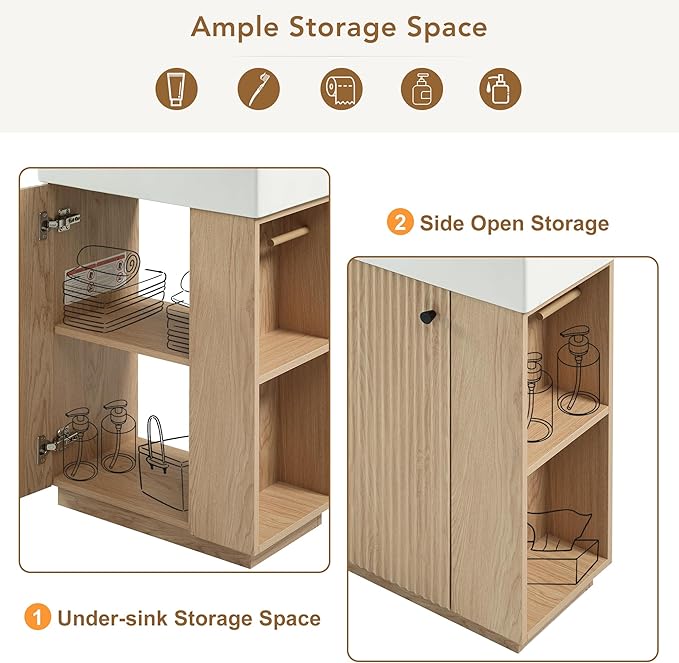 Virubi 21.6" Small Fluted Bathroom Vanity with Sink,Soft Closing Doors and Storage Shelves,Natural Wood Single Bathroom Sink Cabinet Combo Freestanding, Natural Wood