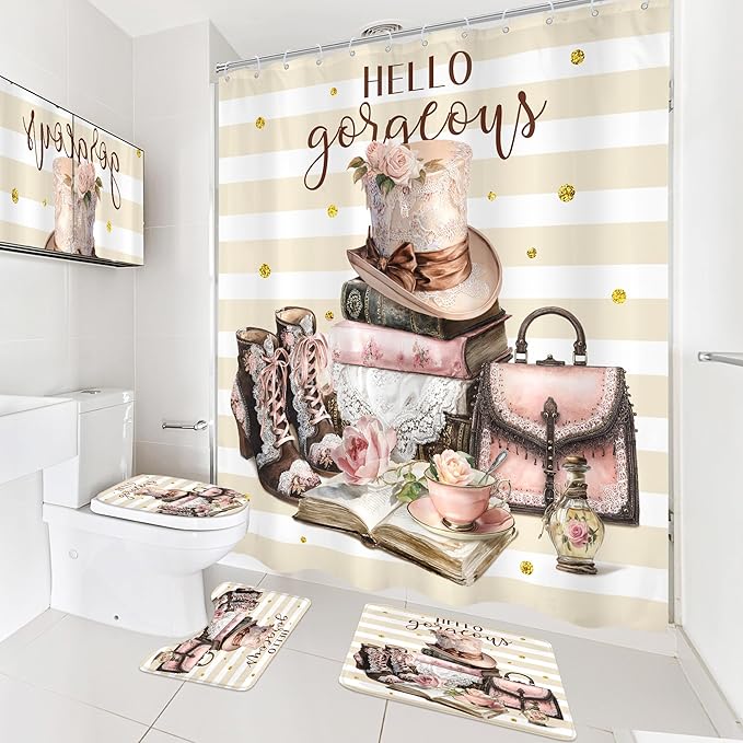 Cinbloo 4Pcs Pink Brown Shower Curtain Set, Vintage Fashion Lace Flower Beige White Striped Books Boots Cups Bathroom Curtain with Rug, Toilet Lid Cover, Bath Mat, Women Shower Curtain with 12 Hooks