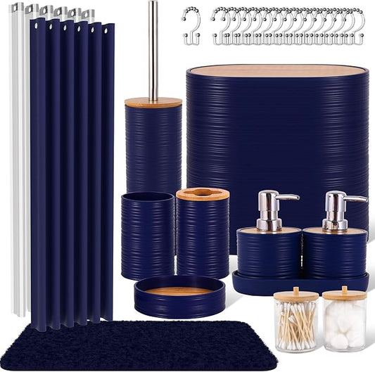 Navy Blue Bathroom Set, 25 PCS Bathroom Accessories Set with Shower Curtains, Rugs, Trash Can, Toothbrush Holder, Soap Dispensers, Toothbrush Cup, Vanity Tray, Soap Dish, Toilet Brush, Qtip Holders