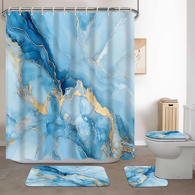 Lnond 4Pcs Marble Bathroom Sets with Shower Curtain and Rugs,Blue Gold Marble Modern Art Bathroom Shower Curtain Sets with Rugs and Accessories