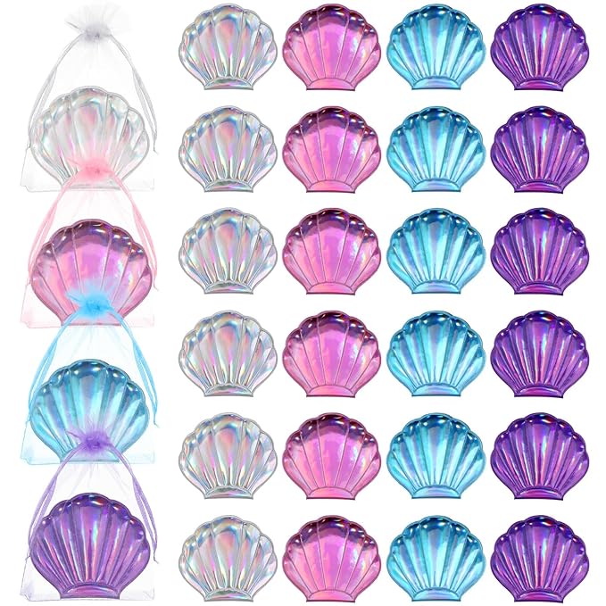 Barydat 24 Set Seashell Compact Mirror Bulk Mermaid Party Favors 4 Colors Double-sided Magnification Shell Mirror Foldable Mini Travel Pocket Mermaid for Women Girl Birthday Beach Party Supplies Decor