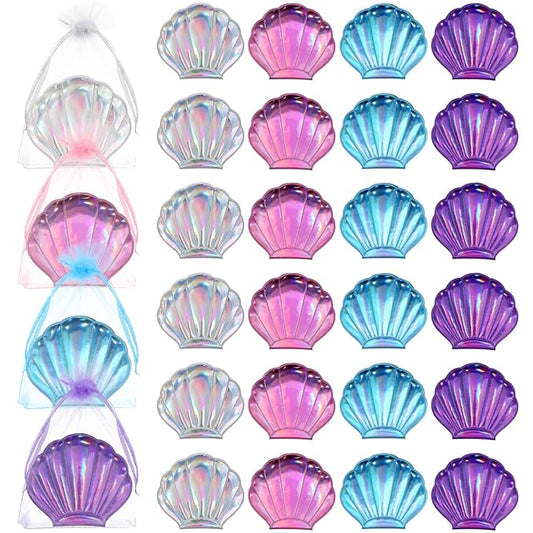 Barydat 24 Set Seashell Compact Mirror Bulk Mermaid Party Favors 4 Colors Double-sided Magnification Shell Mirror Foldable Mini Travel Pocket Mermaid for Women Girl Birthday Beach Party Supplies Decor