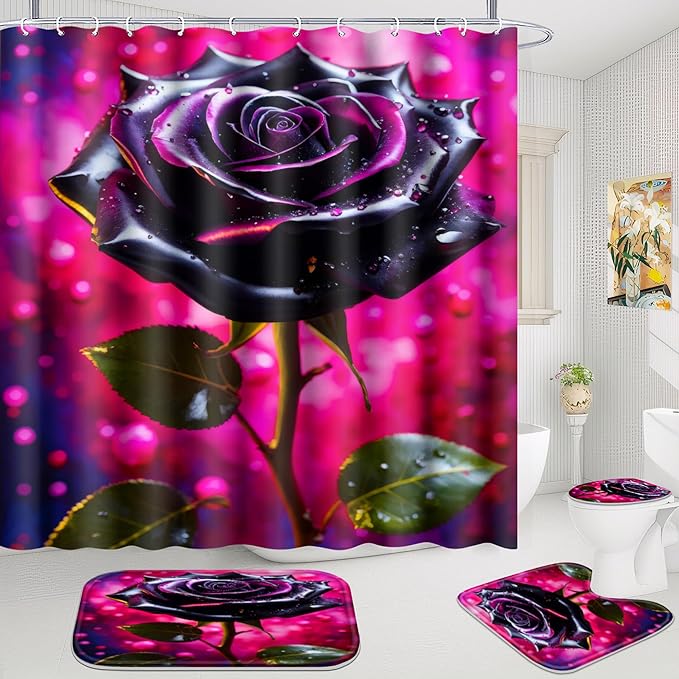 Poedist 4 Pcs Bathroom Shower Curtain Set,Bathroom Set, Rose Shower Curtain Sets with Rugs(Bath Mat,U Shape and Toilet Lid Cover Mat) and 12 Hooks