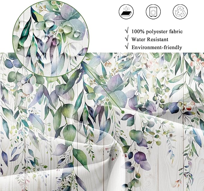 Riyidecor Teal Shower Curtain for Bathroom Decor 72Wx72H Eucalyptus Leaves Plants Watercolor Floral Wooden Board Rustic Botanical Farm Art Printed Fabric Polyester Waterproof 12 Pack Plastic Hooks