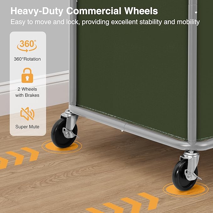 STO STO Commercial Laundry Cart with Lockable Wheels, Large 420L Industrial Rolling Laundry Hamper with Steel Frame, Removable Waterproof Bag, 400 lbs Capacity for Hotels, Hospitals, Factories, Green