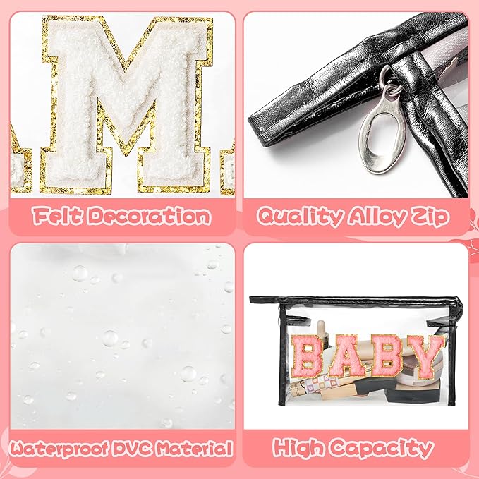 CY2SIDE MAMA Baby Bag Set - 2PCS Clear MAMA Letter Patch Makeup Bag with Handle for Travel Cosmetic Pouch for Toiletries Waterproof Travel Organizer Baby Reveal Gift Mothers Day Gift Black