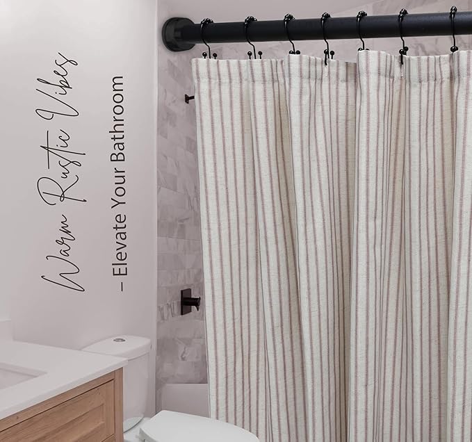 Farmhouse Striped Shower Curtain - 72x72 Inches, Linen Blend Fabric, Breathable & Machine Washable, Rustic Rust for Bathroom Decor (Hooks/Liner Not Included)