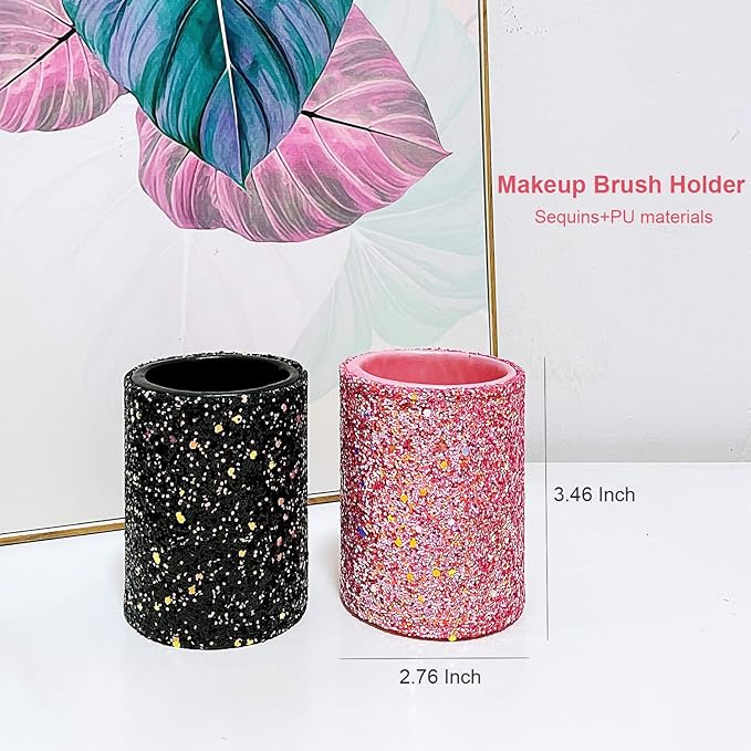 Bling Sequins Makeup Brush Holder, Cute Glitter Vanity Decor Organizer, Cosmetic Brushes Comb Pen Storage Holders Cup (Pink)