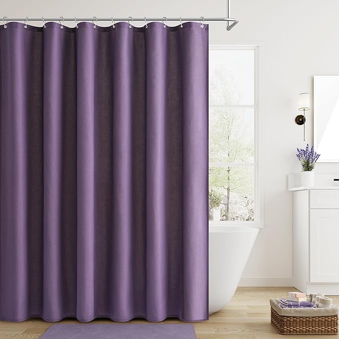 Naturoom Purple Linen Shower Curtain, Country Boho Farmhouse Bath Decor Shower Curtains Neutral Cloth Weighted Textured Fabric Bath Curtain Liner with Hooks, 72x84