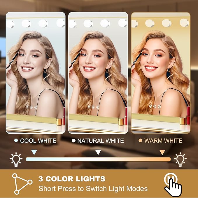 Moonee Gold Vanity Mirror with Lights, Hollywood Lighted Makeup Mirror with 17 Dimmable Bulbs and 10X Magnification, 3 Colors Modes, Aluminum Metal Frame, Light Up Mirror for Tabletop/Wall（26" x 20"）