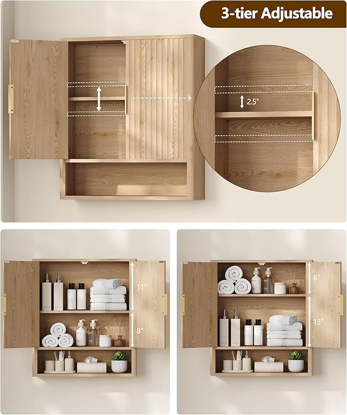 Keehusux 27.6" H Bathroom Wall Storage Cabinet with 2 Fluted Doors, Modern Wall Mounted Bathroom Cabinet with Adjustable Shelf, Curved Profile Medicine Cabinet for Kitchen, Living Room, Natural Oak
