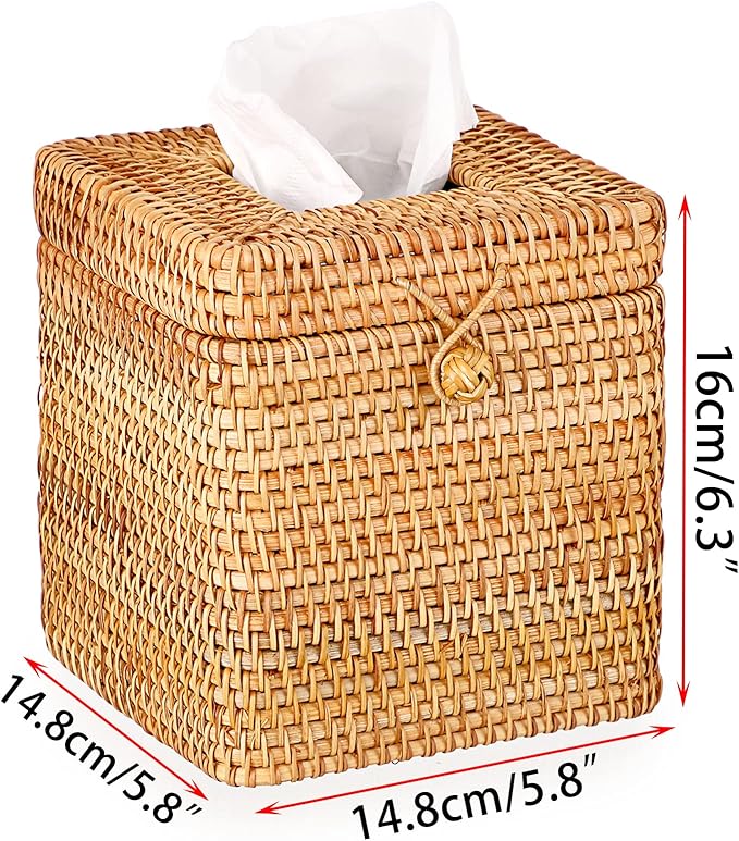 Sumnacon Tissue Box Cover Square Tissue Box Rattan Tissue Box Holder with Hinged Top Lid, Wicker Tissue Holder for Bathroom Toilet Living Room Kitchen Office Table Desk, Yellow