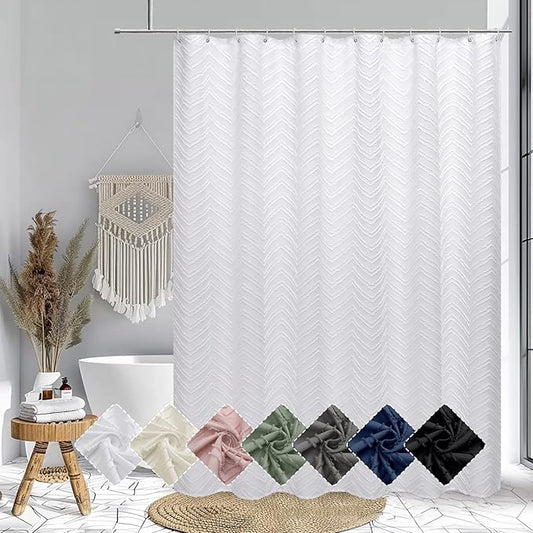 OVZME White Boho Fabric Shower Curtain 72 Inch Length, Tufted Chevron Striped Minimalist Premium Thick Cloth Bathroom Shower Curtain, Modern Hotel Textured Bathroom Decor, 72Wx72L Inches