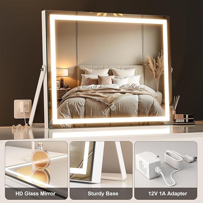MINISO Vanity Mirror with Lights, 17.7" x 13.8" LED Makeup Mirror, Light & Brightness Adjustment, Smart Sensor, Aluminum Alloy Metal White Frame, with 5X Magnifying Glass