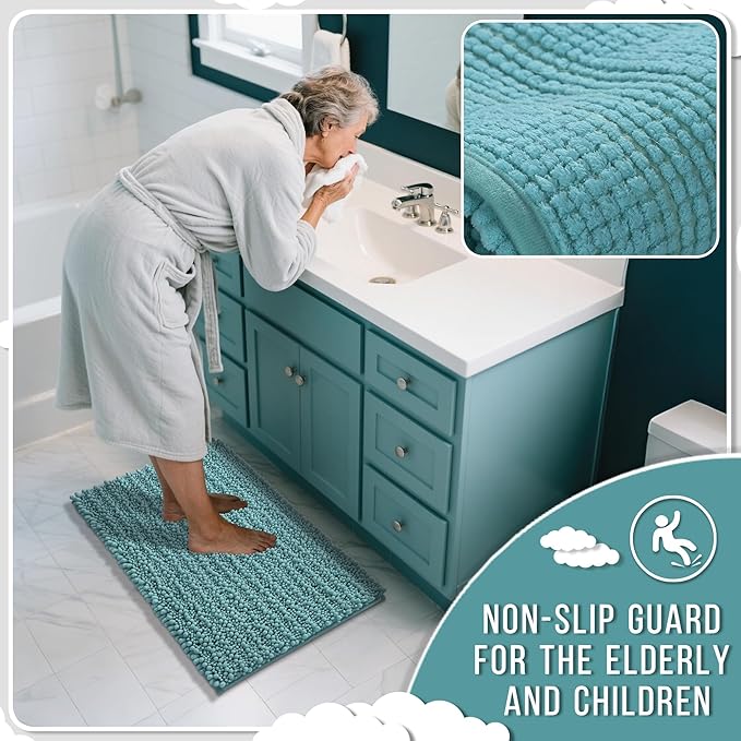 Yimobra Bathroom Runner Rug 60x24 Inch - Extra Long Non Slip Chenille Bath Mat, Soft & Absorbent, Machine Washable Shaggy Hallway Carpet for Vanity Tub Shower, Teal Blue Home Decor Accessories