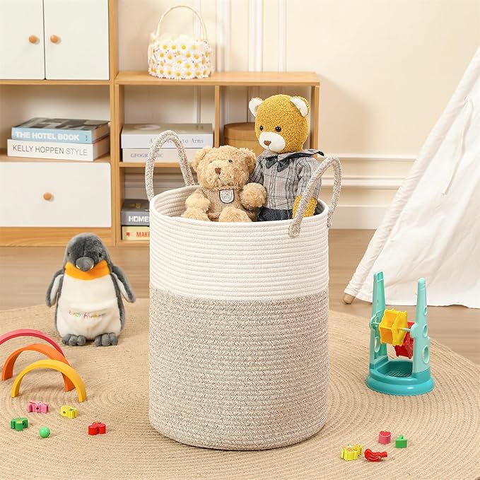 40L Woven Laundry Basket Hamper, 100% Natural Cotton Rope, Handwoven & Durable, Storage for Blankets, Toys, Clothes, Decorative Nursery Hamper for Living Room, Baby Room, Bedroom (Brown and White)