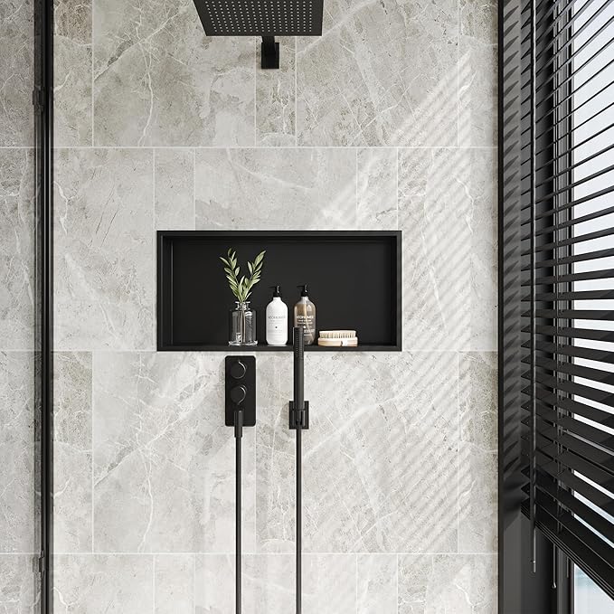 Neodrain Shower Niche, Insert Bathroom Storage Shower Shelf, Stainless Steel Recessed Wall Niche No Tiled Recessed Cabinet Waterproof for Shower Storage(Matte Black,24"x12")
