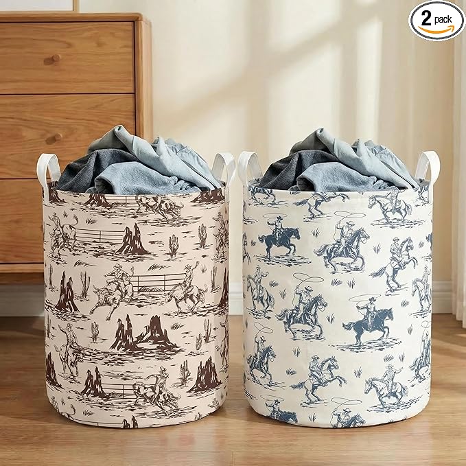 2Pcs Western Cowboy Cute Kids Laundry Basket Baby Nursery Hamper Western Room Decor Foldable Oxford Cloth Funny Tote Clothes Storage Bucket Organizer For Bedroom Teen Girls Boy (Cowboy)