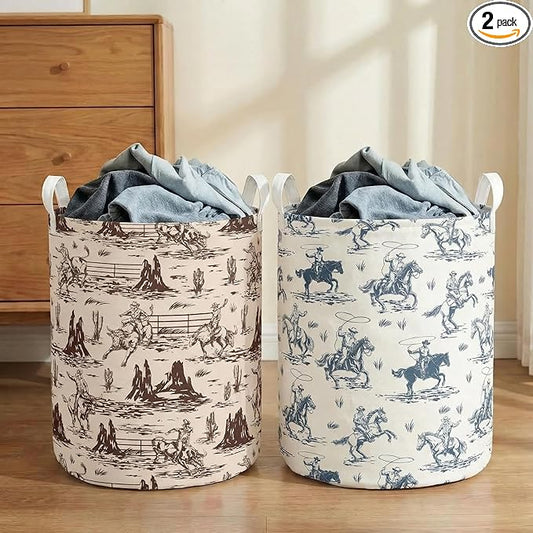 2Pcs Western Cowboy Cute Kids Laundry Basket Baby Nursery Hamper Western Room Decor Foldable Oxford Cloth Funny Tote Clothes Storage Bucket Organizer For Bedroom Teen Girls Boy (Cowboy)