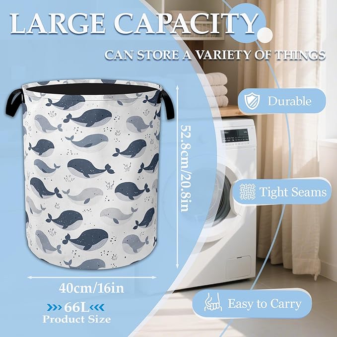 Cartoon Whale Laundry Basket Collapsible Laundry Hamper with Handle, Oxford Clothes Toy Storage Bin for Bathroom Bedroom Room Decor, Gift Basket 16" X 20.8"