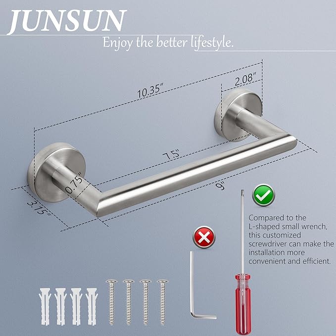 JunSun Bathroom Towel Bar 9 Inch Brushed Nickel Towel Racks Wall Mounted Bath Hand Towel Holder Modern Home Decor Towel Rod Bathroom Hardware Stainless Steel Towel Hanger Silver Towel Rail Single Bars