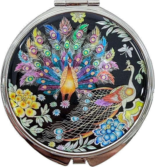 Portable Makeup Compact Double Magnifying Mirror Cosmestic Foldable Pocket Style Unique Mother of Pearl Design (Peacock)