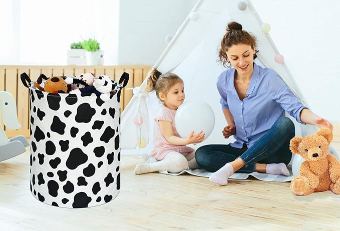 KUNRO Round Laundry Gift Basket Storage Hamper, Clothes Storage Organizer Bins, Shelf Basket with Handles for Room Decor (Rould Cow pattern)