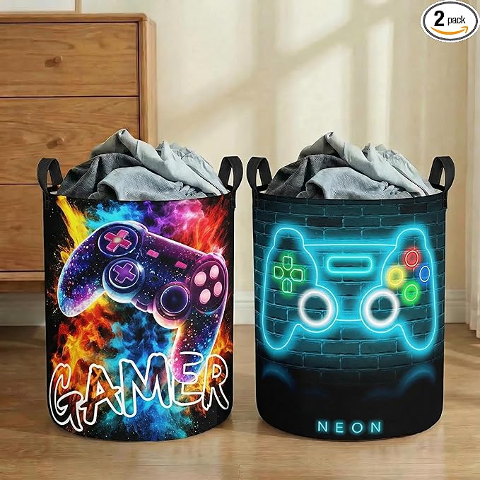2Pcs Basketball Cute Kids Laundry Basket Baby Nursery Hamper Boys Room Decor Foldable Oxford Cloth Funny Tote Clothes Storage Bucket Organizer For Bedroom (Gamepad)