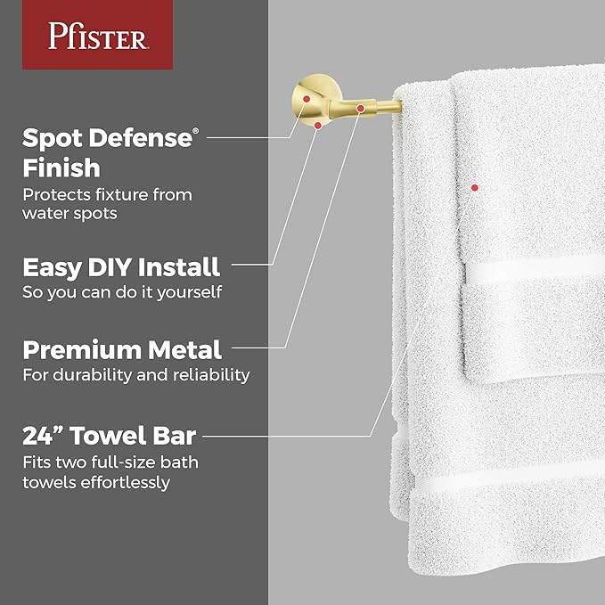 Pfister Willa Bath Towel Bar for Bathroom, 24-Inch, Wall-Mounted, Screw-in, Brushed Gold Finish, BTBWLL2BG
