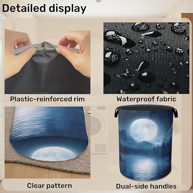 Full Moon Starry Sky Forest Laundry Basket - Heavy Duty 60L Dirty Clothes Organizer, Water Resistant Foldable Hamper for Men Women