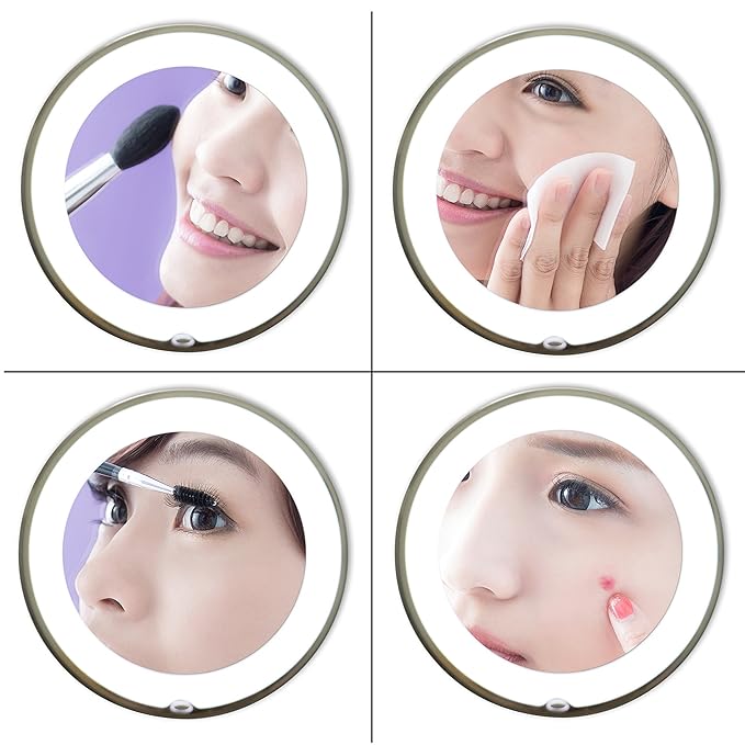 JiBen LED Lighted 10X Magnifying Makeup Mirror with Power Locking Suction Cup, Bright Diffused Light and 360 Degree Rotating Adjustable Arm, Portable Cordless Home and Travel Bathroom Vanity Mirror