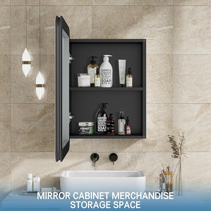 24x16 Inch Bathroom Medicine Cabinet Black, Wall Mounted Bathroom Medicine Cabinets or Recessed Mirror Cabinet Rounded Rectangle Medicine Cabinets