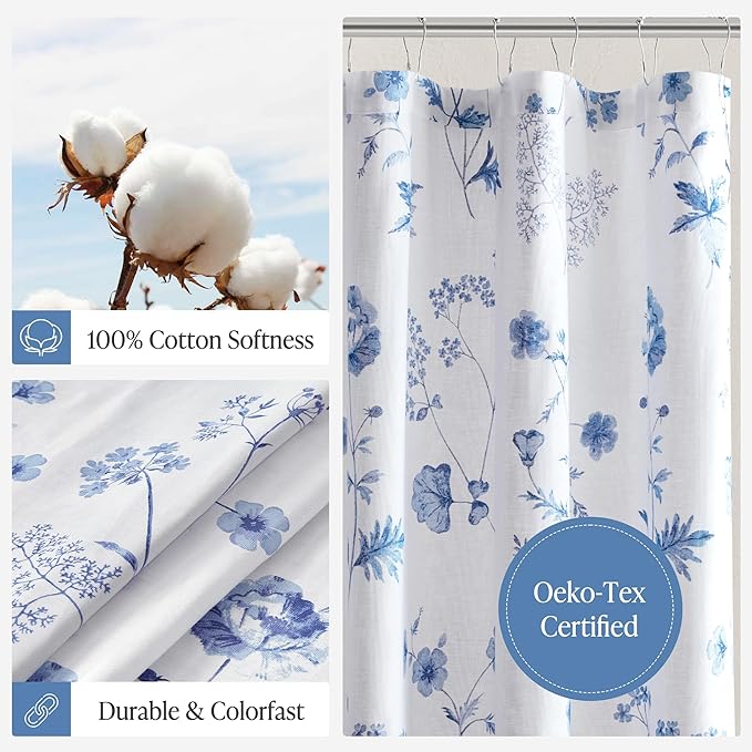 Martha Stewart Martha's Garden Shower Curtain Botanical Floral Print Cotton Shower Curtain for Bathroom, Spa Quality Modern Shower Curtains Standard Size, 72x84 Blue
