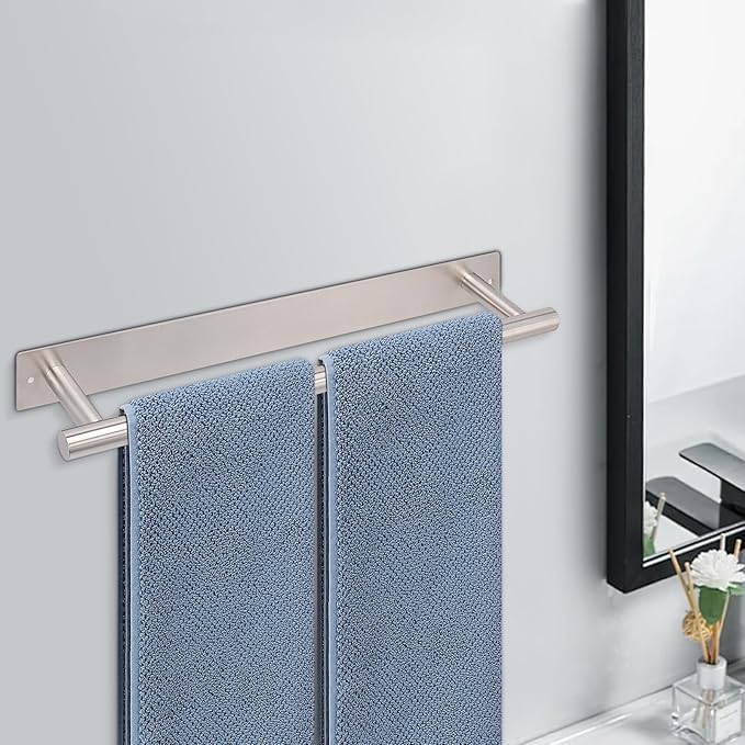 Self Adhesive Towel Bar, 16 Inch Round Towel Racks for Bathroom Wall Mounted SUS304 Stainless Steel Towel Hanger for Kitchen, No Drill or Screw-Mounted Towel Holder (Brushed Nickel)