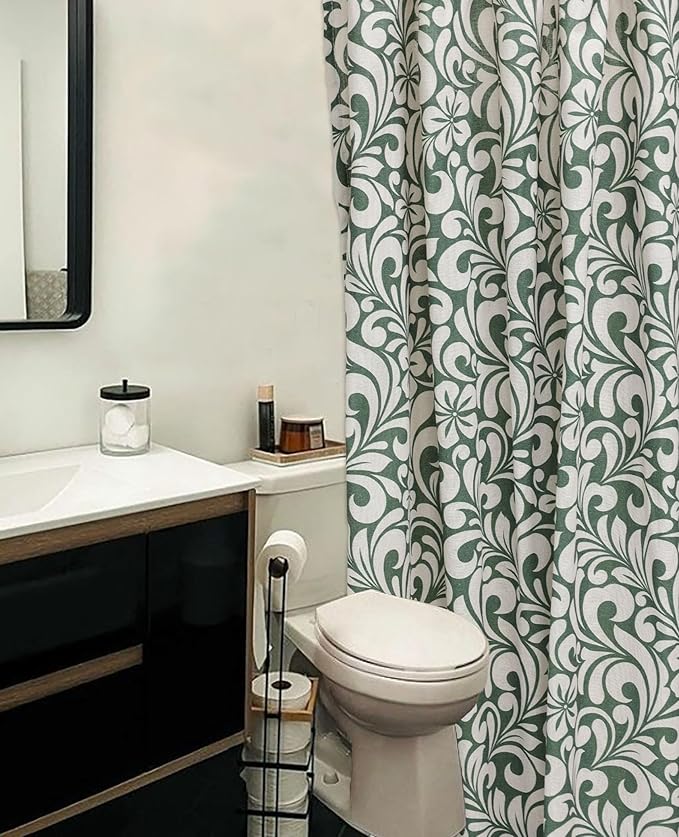 Farmhouse Green Floral Shower Curtain - 72x72 Inches, Cotton Blend Fabric, Breathable & Washable, for Bathroom Decor (Hooks/Liner Not Included)