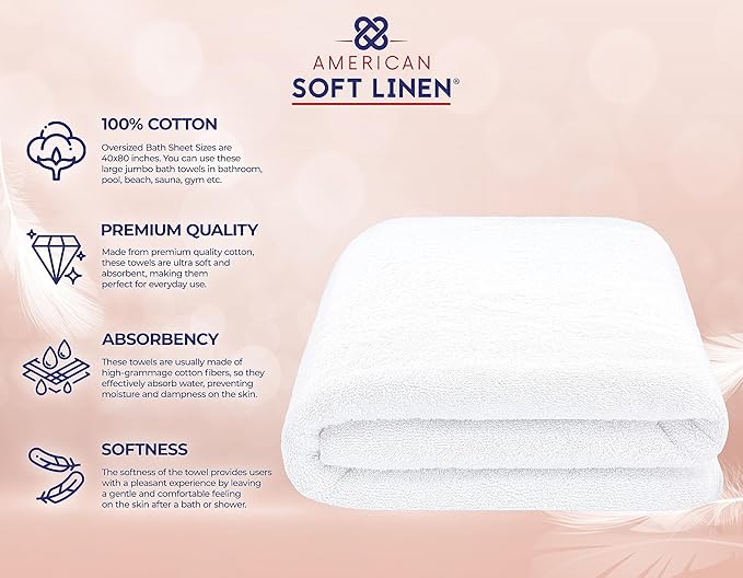 American Soft Linen 100% Cotton 600 GSM Turkish 40x80 Oversized Bath Towel Sheet, Extra Large Adult Towels for Bathroom, White Bath Sheet