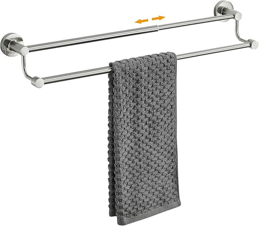 Adjustable Double Towel Racks for Bathroom 15 to 26.5 Inch Towel Bar, Expandable Brushed Nickel Double Bath Towel Holder, Wall Mount with Screws Towel Bar Rod