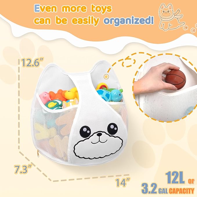 Austion Bath Toy Storage 3.2-Gallon Hanging Bath Toy Holder for Kids‘ Bath Tub – Zippered, Quick-Drying and Machine-Washable Bathroom Organizer