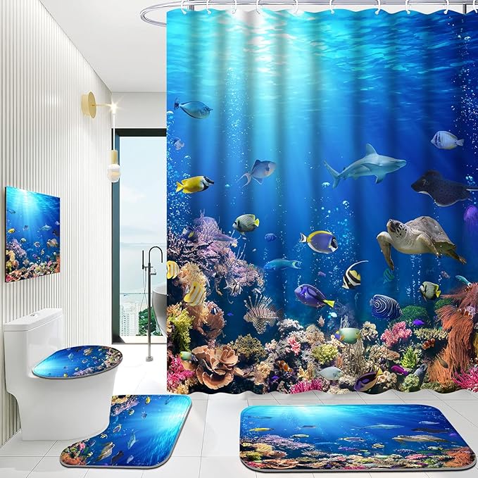 4Pcs Sunlight Sea Fish Bathroom Sets with Rugs, Shark and Turtle Print Machine-Washable Shower Curtain, Bluey Ocean Theme Bath Accessories Sets for Bathroom, Set de baño completo, 12 Pcs Hooks