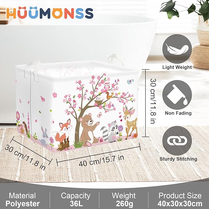Forest Animals Laundry Hamper Woodland Tree Large Storage Basket Parents Organizer Kids Clothes Toy Bins for Bedroom, Bathroom, Pink, 36L